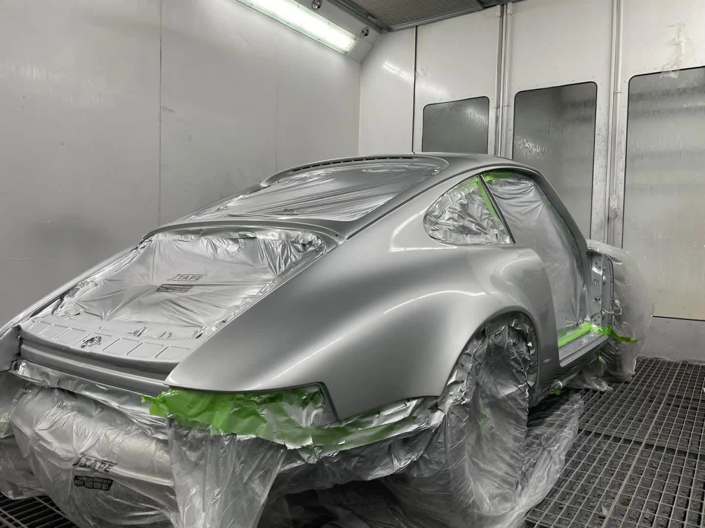 Porsche 911 freshly resprayed Diamond Silver in the booth